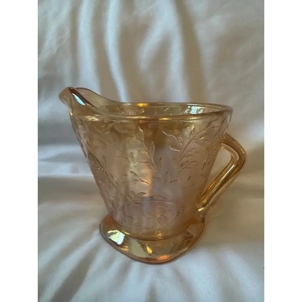 Vintage Pink Depression Carnival Glass Creamer Etched Floral Milk Multitonal